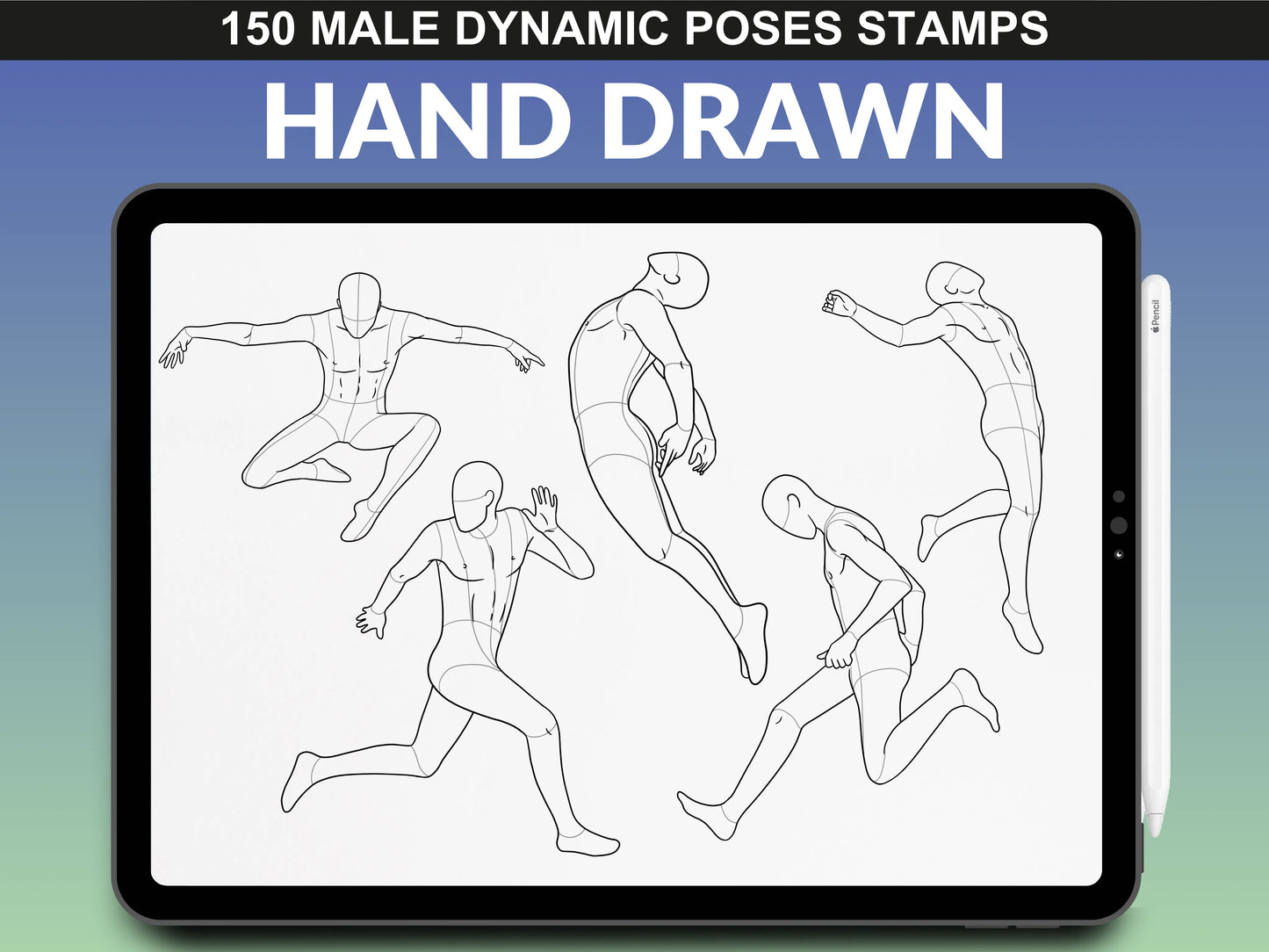 Sketch poses of male characters jumping, running, and twisting – FUPstudio Procreate set