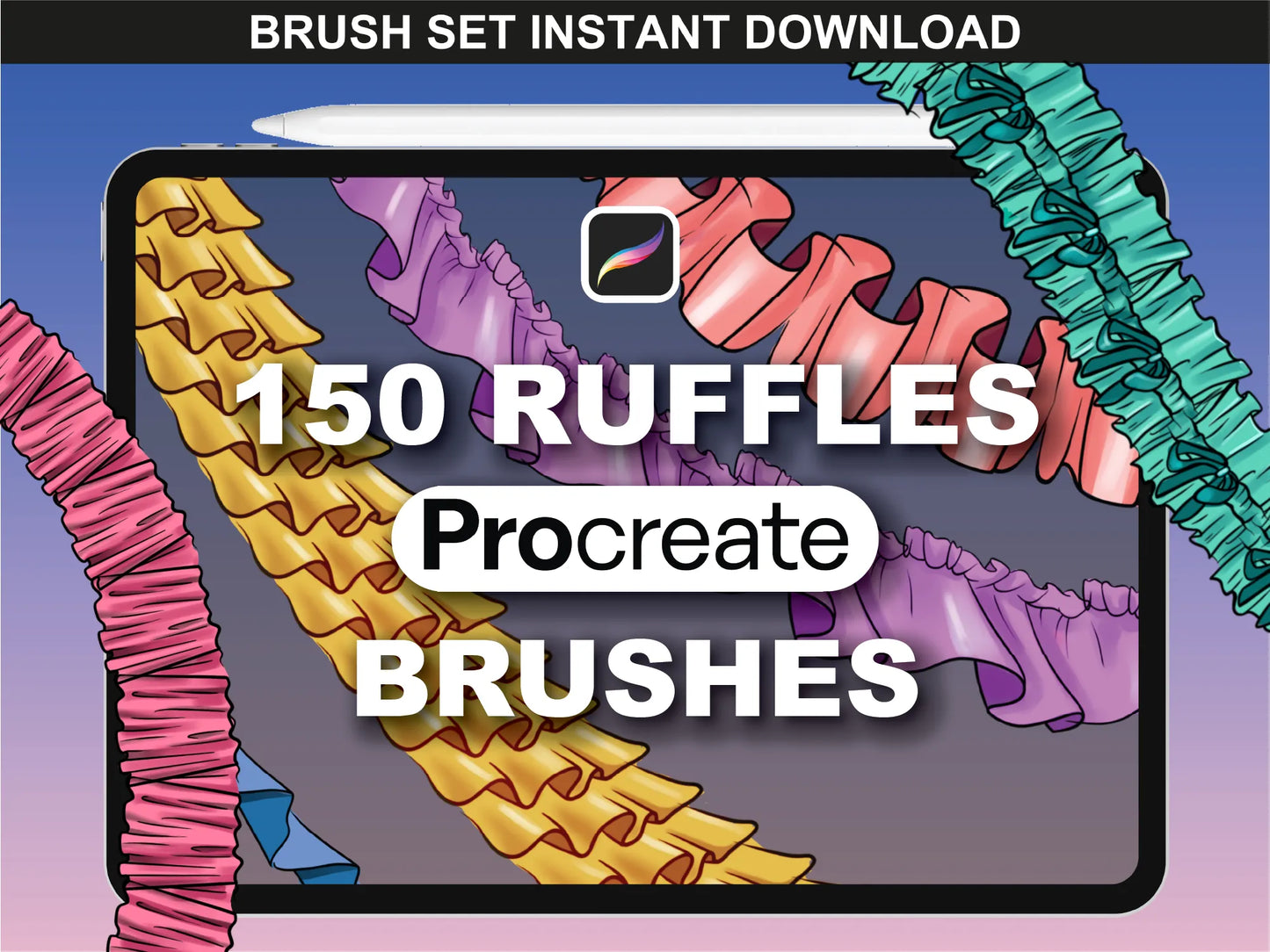 Colorful ruffles brushes from FUPstudio displayed in Procreate, ideal for digital clothing design