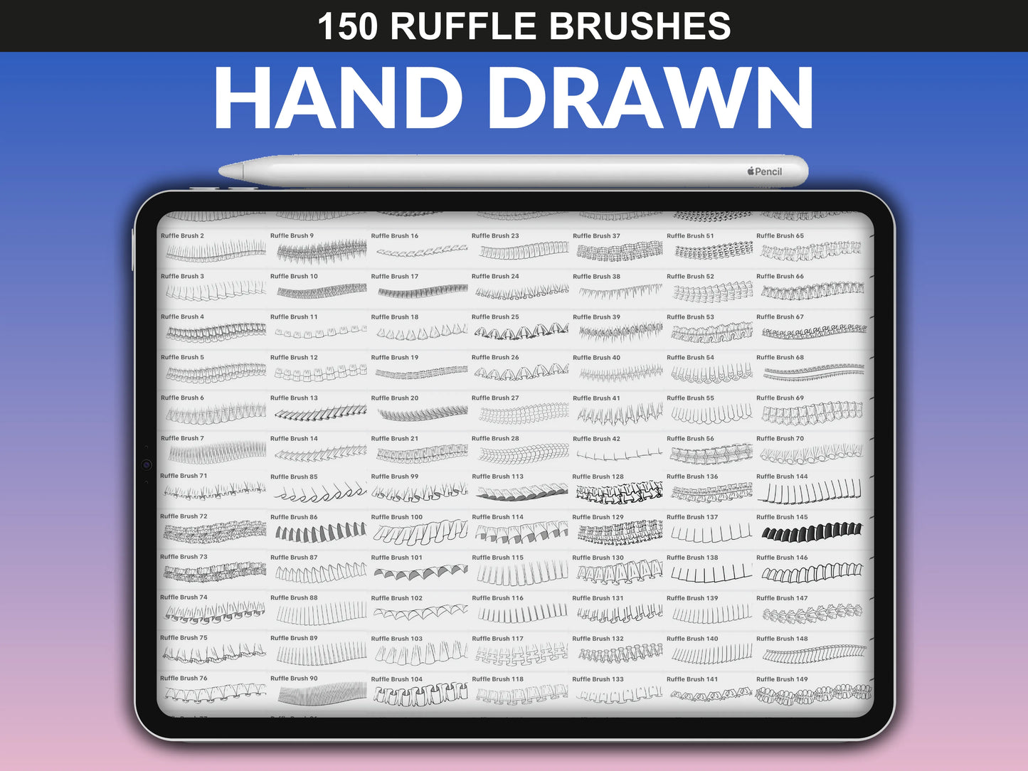 Overview of all 150 hand-drawn FUPstudio ruffles brushes, ideal for detailed digital garment accents