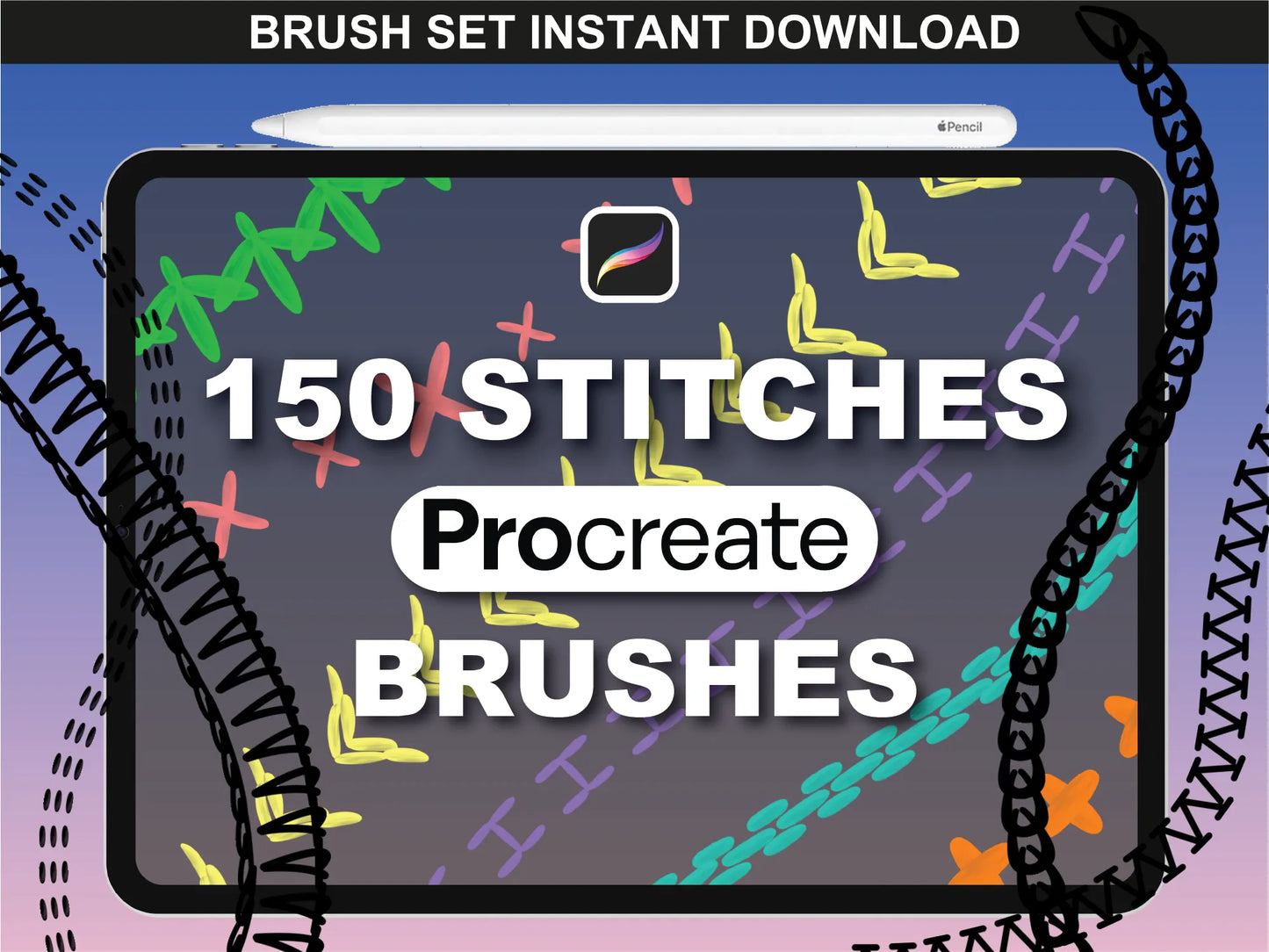 FUPstudio Procreate Stitches Brushes preview – explore 150 realistic sewing brushes for textile design