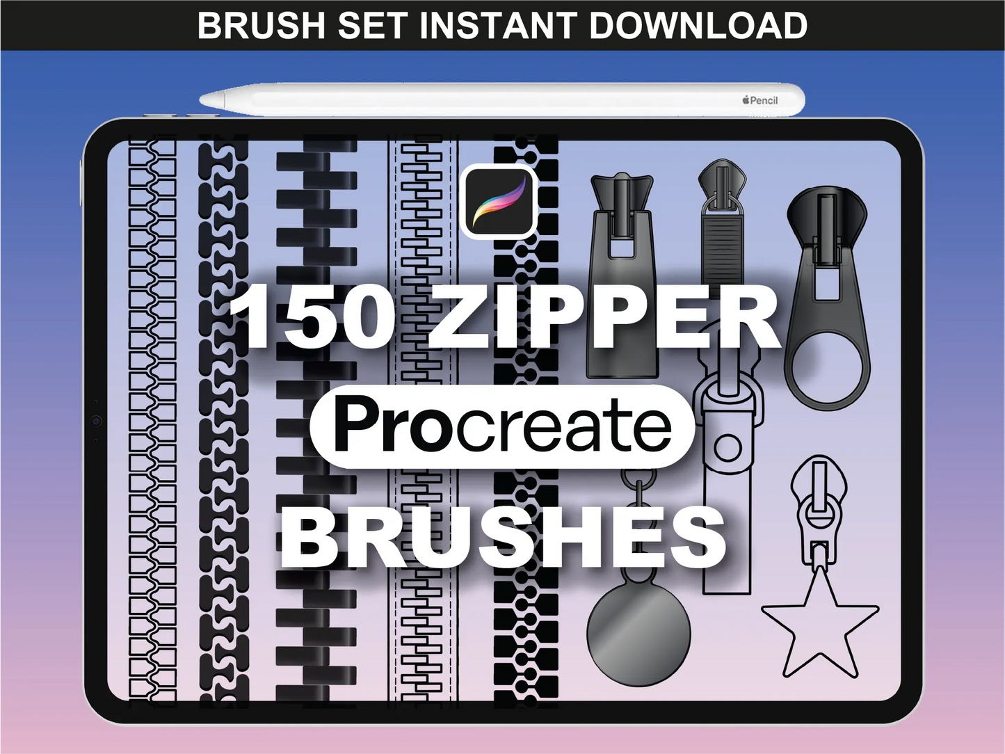 Zipper Brushes for Procreate by FUPstudio, detailed view of realistic zipper teeth and pullers