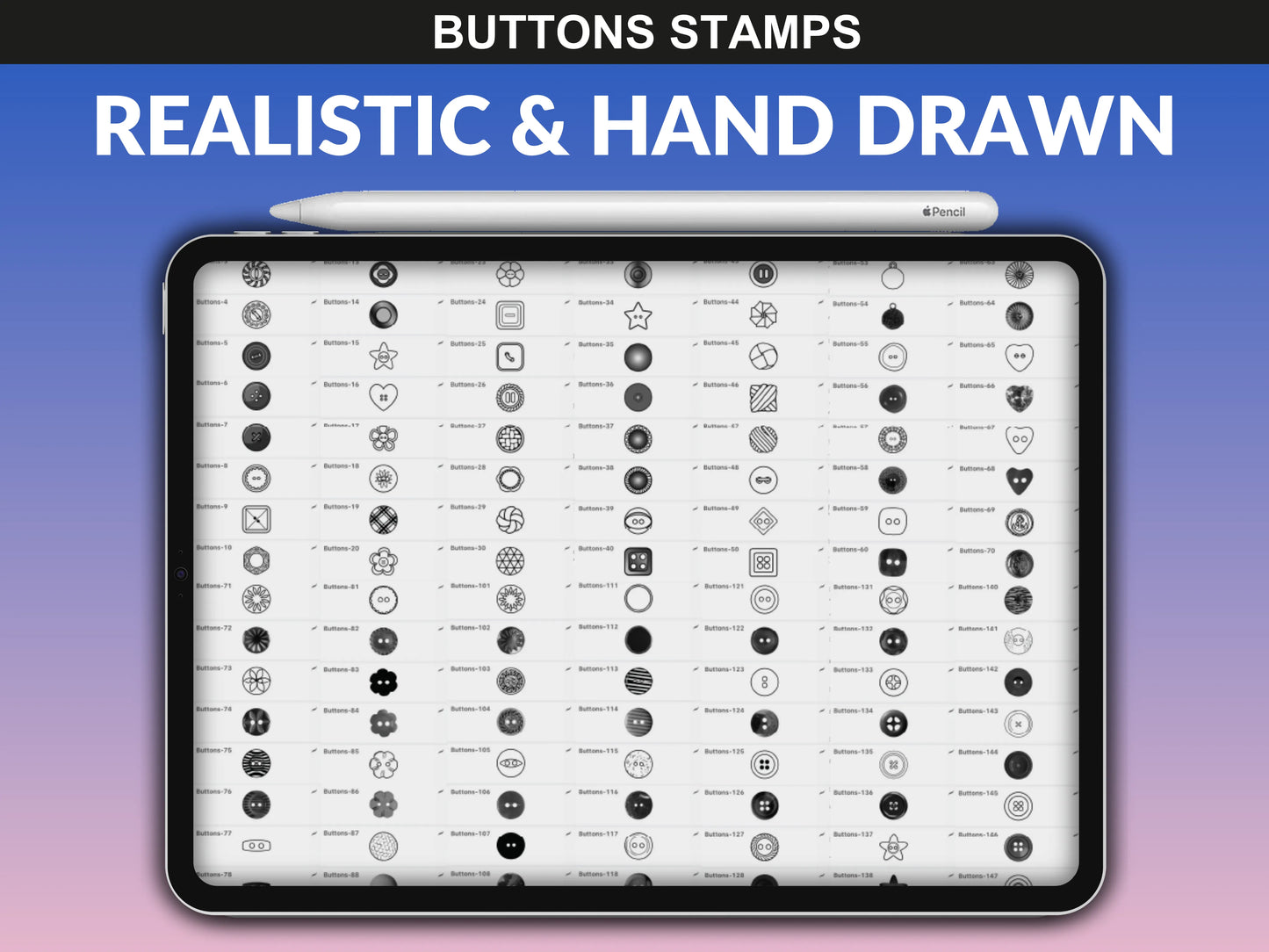 Overview of all 200 Buttons Brushes by FUPstudio for Procreate – perfect for fashion illustrators