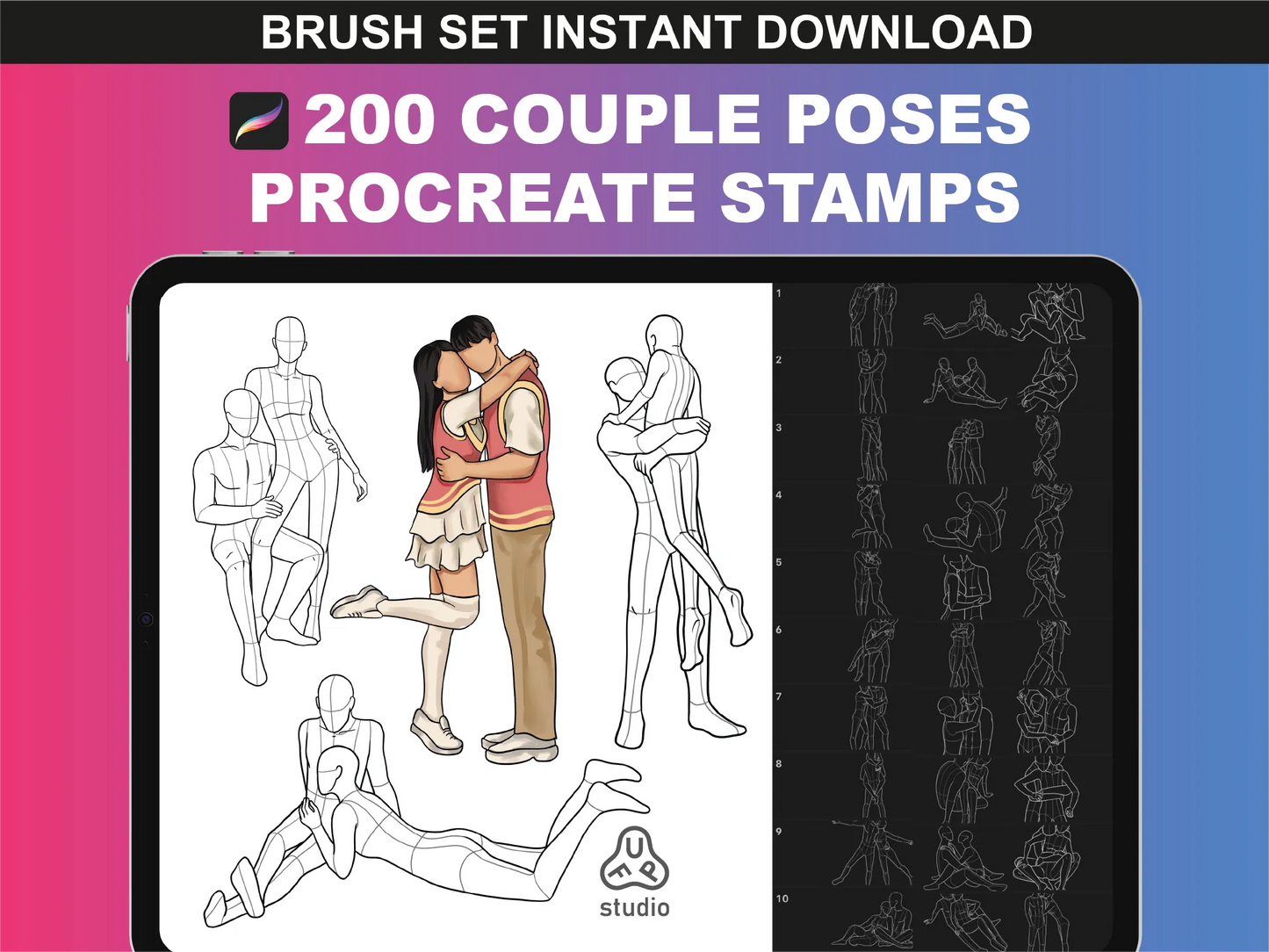FUPstudio Couple Poses Procreate Stamps – 200 brush stamp references for digital art