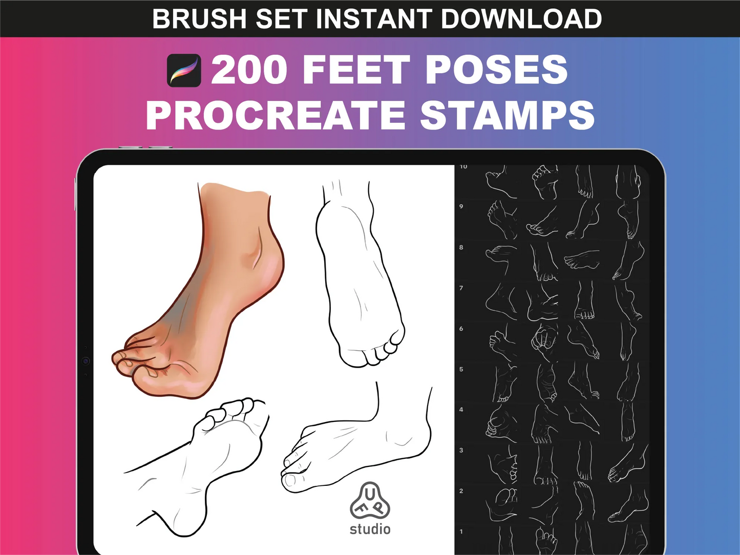 Procreate stamp brush set with feet poses illustrations by FUPstudio for artists and designers