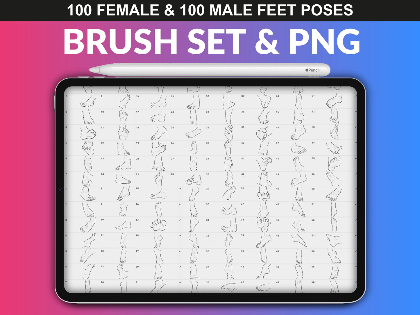 Brush preview grid showing 200 feet poses from FUPstudio's feet poses stamp set