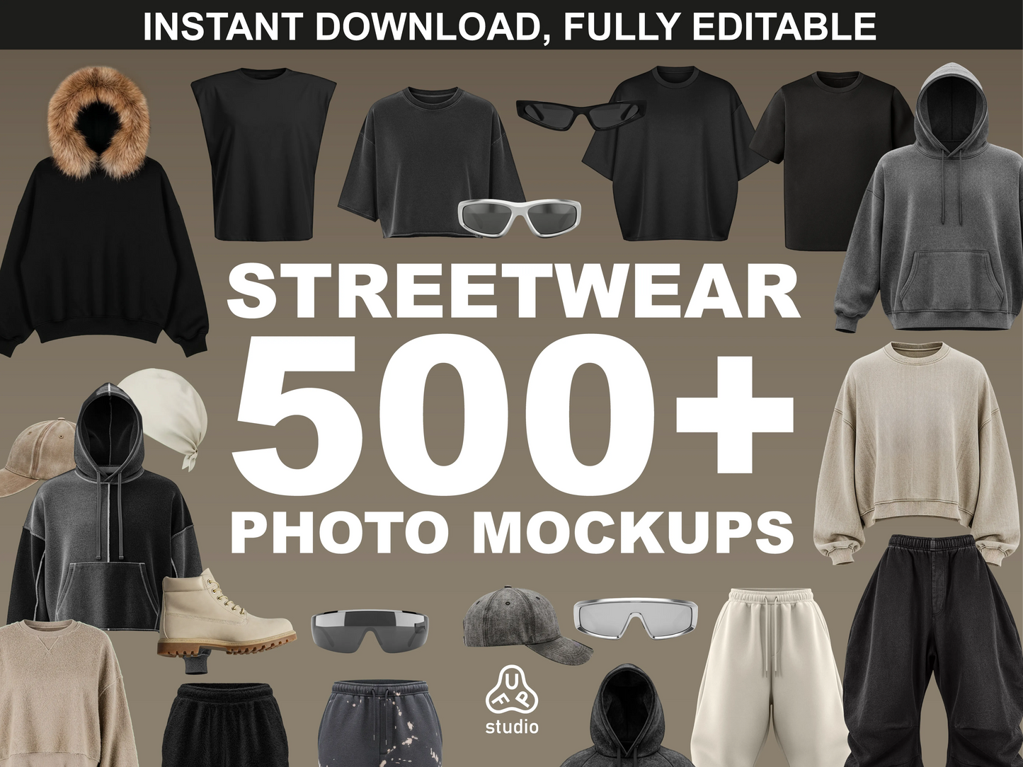Streetwear photo mockups bundle showing hoodies, t shirts, sweatpants, accessories and sneakers, 500+ clothing mockups for fashion design, by FUPstudio