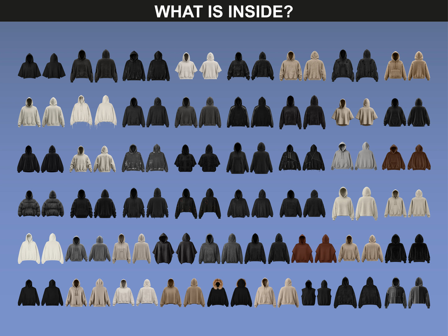 Realistic hoodie and pants photo mockups showing different graphic styles and textures, customizable bases by FUPstudio