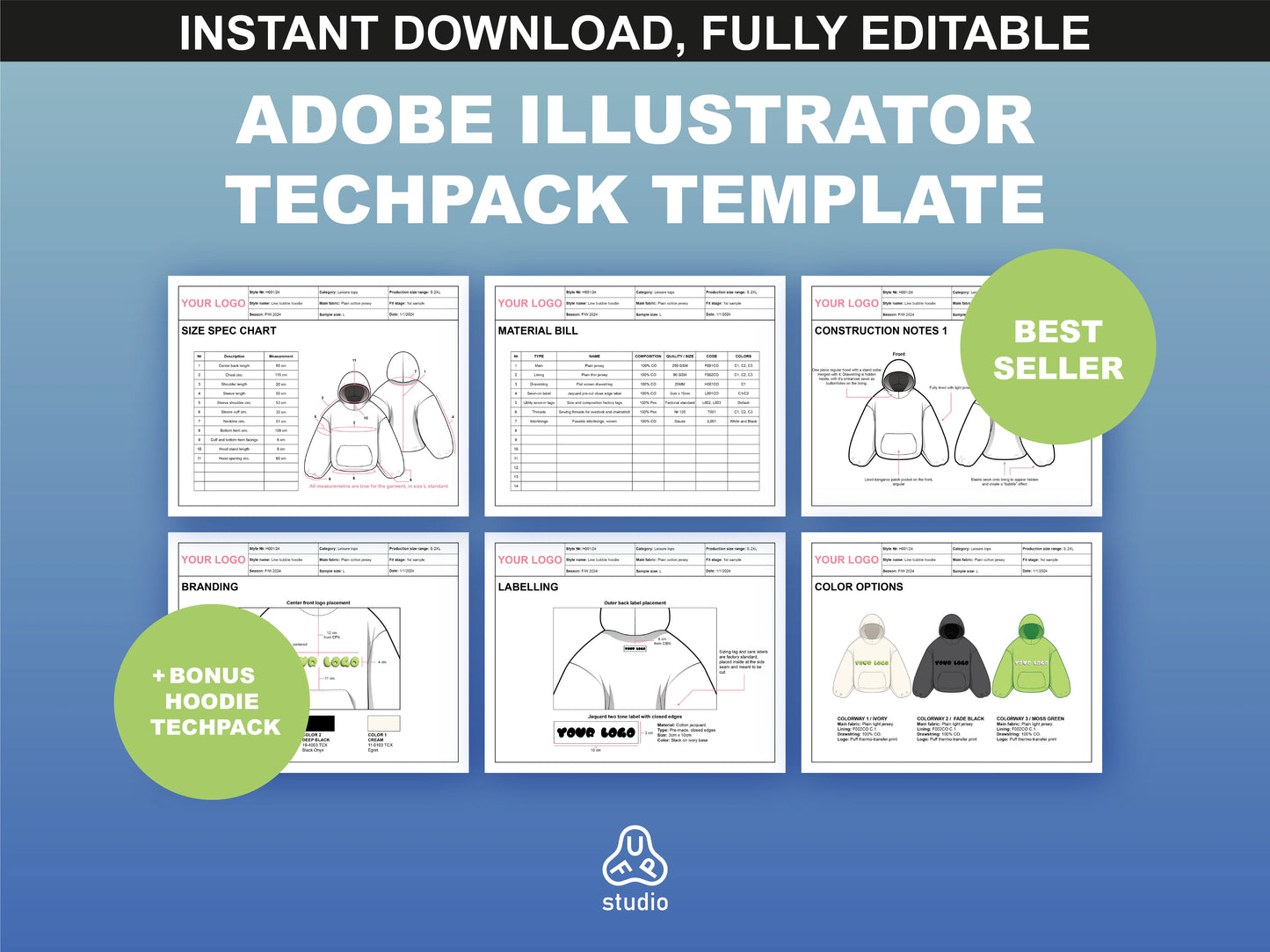 Hoodie Tech pack template, ideal for clothing designers needing professional tech packs.