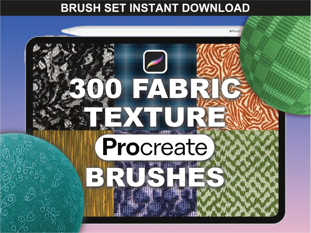 300 fabric Procreate brushes bundle by FUPstudio with preview of different textile textures