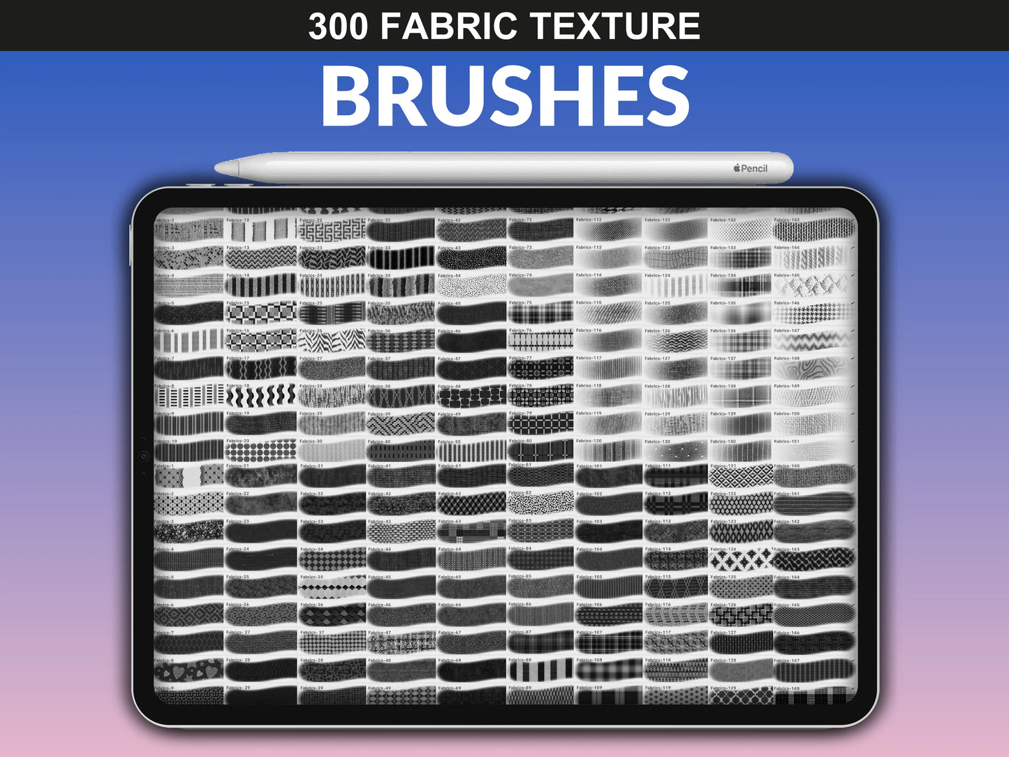 Fabric texture brush preview from FUPstudio's 300 fabric brushes set, displayed in grayscale