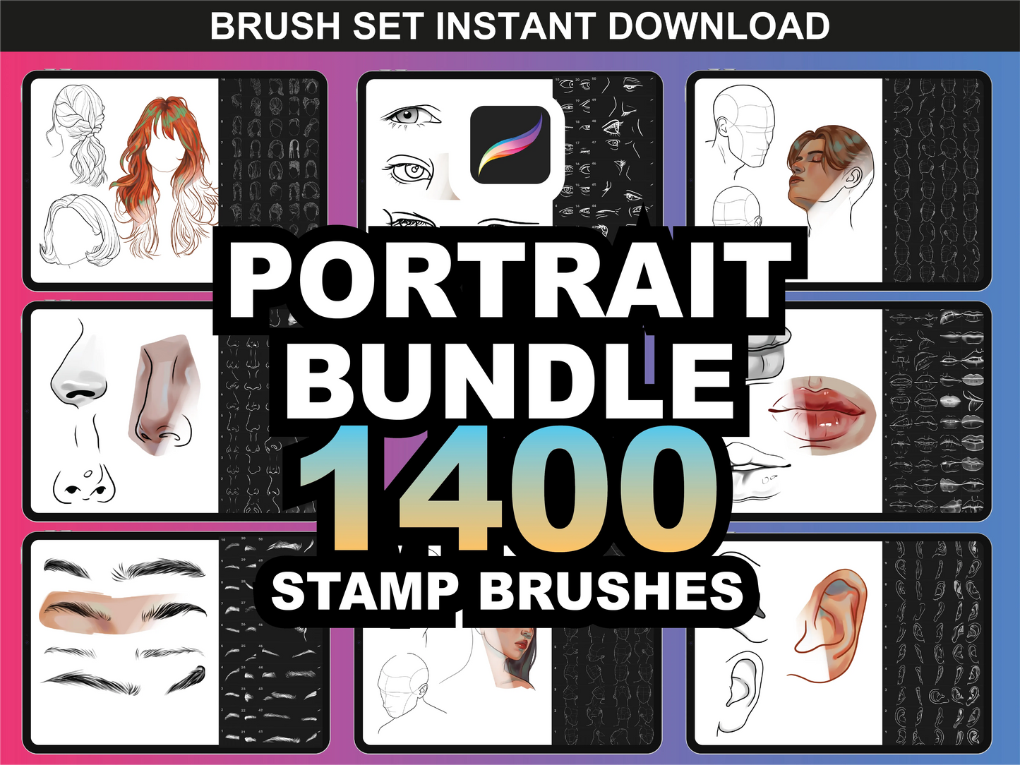 FUPstudio Portrait Bundle with 1400 Procreate stamp brushes for face, hair, eyes, lips, and more.