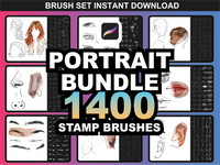 FUPstudio Portrait Bundle with 1400 Procreate stamp brushes for face, hair, eyes, lips, and more.