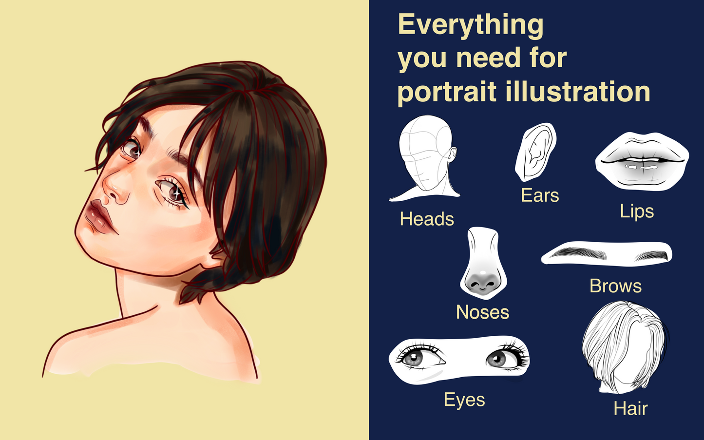 Female portrait illustration rendered in Procreate using FUPstudio Portrait Bundle, with preview of face features brushes