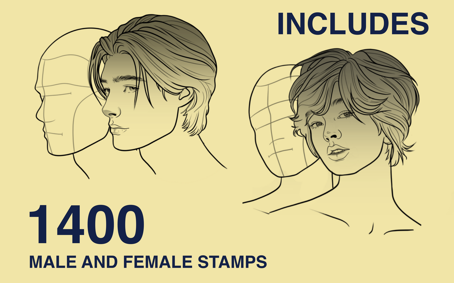 Selection of 4 portrait illustrations from the 1400 male and female stamps included in FUPstudio Portrait Bundle for Procreate