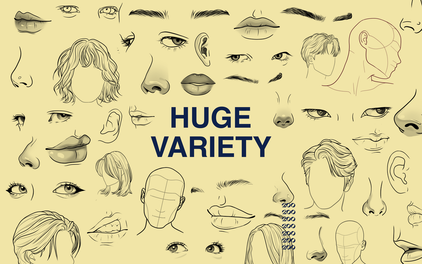 Variety of portrait sketches and face details from FUPstudio Portrait Bundle for Procreate, showcasing hair, eyes, lips and expression range