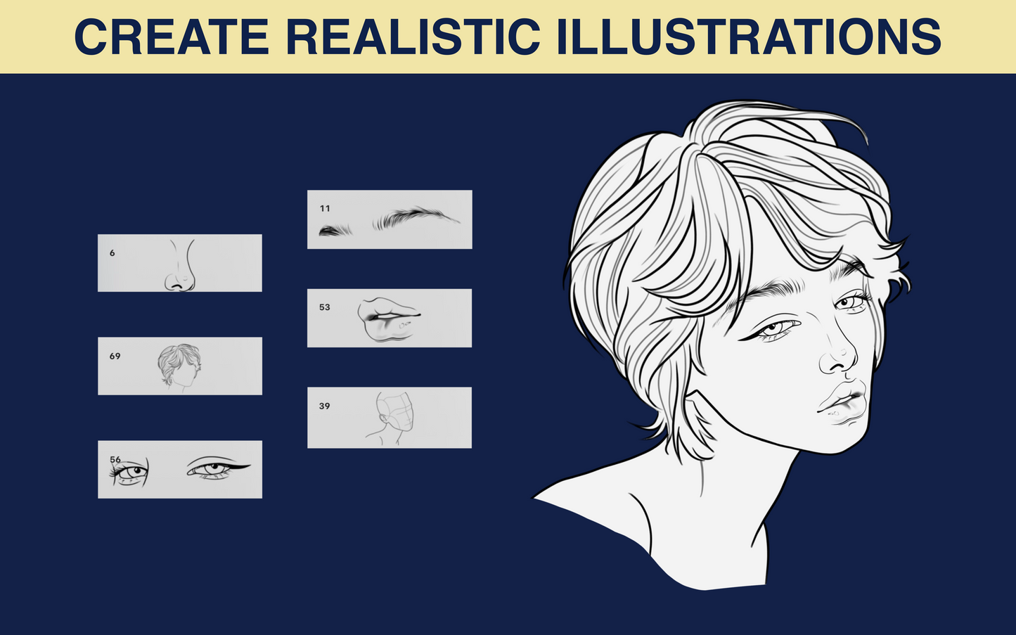 Realistic female portrait illustration created in Procreate using FUPstudio Portrait Bundle face stamps and brushes