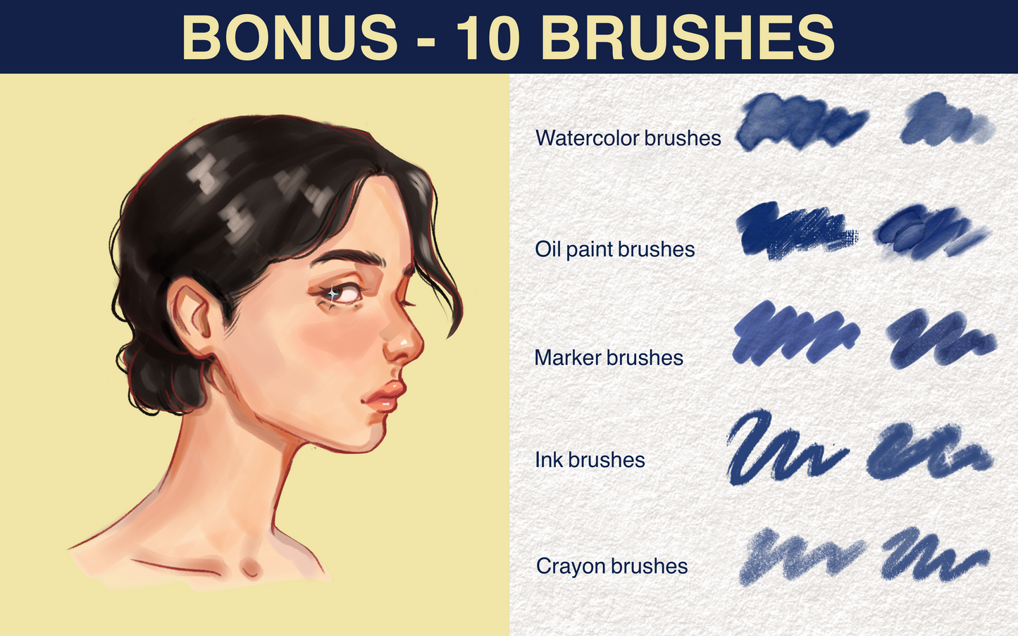 10 bonus drawing brushes (watercolor, oil, marker, ink, crayon) included free with FUPstudio Portrait Bundle for Procreate