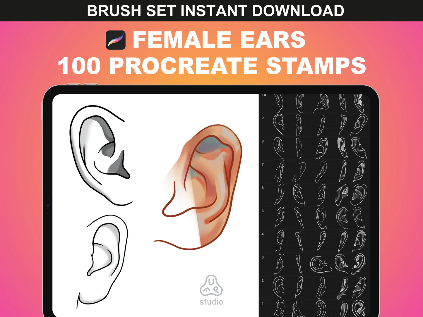 FUPstudio 100 Female Ears Procreate Stamps featuring diverse ear shapes and angles for digital artists.