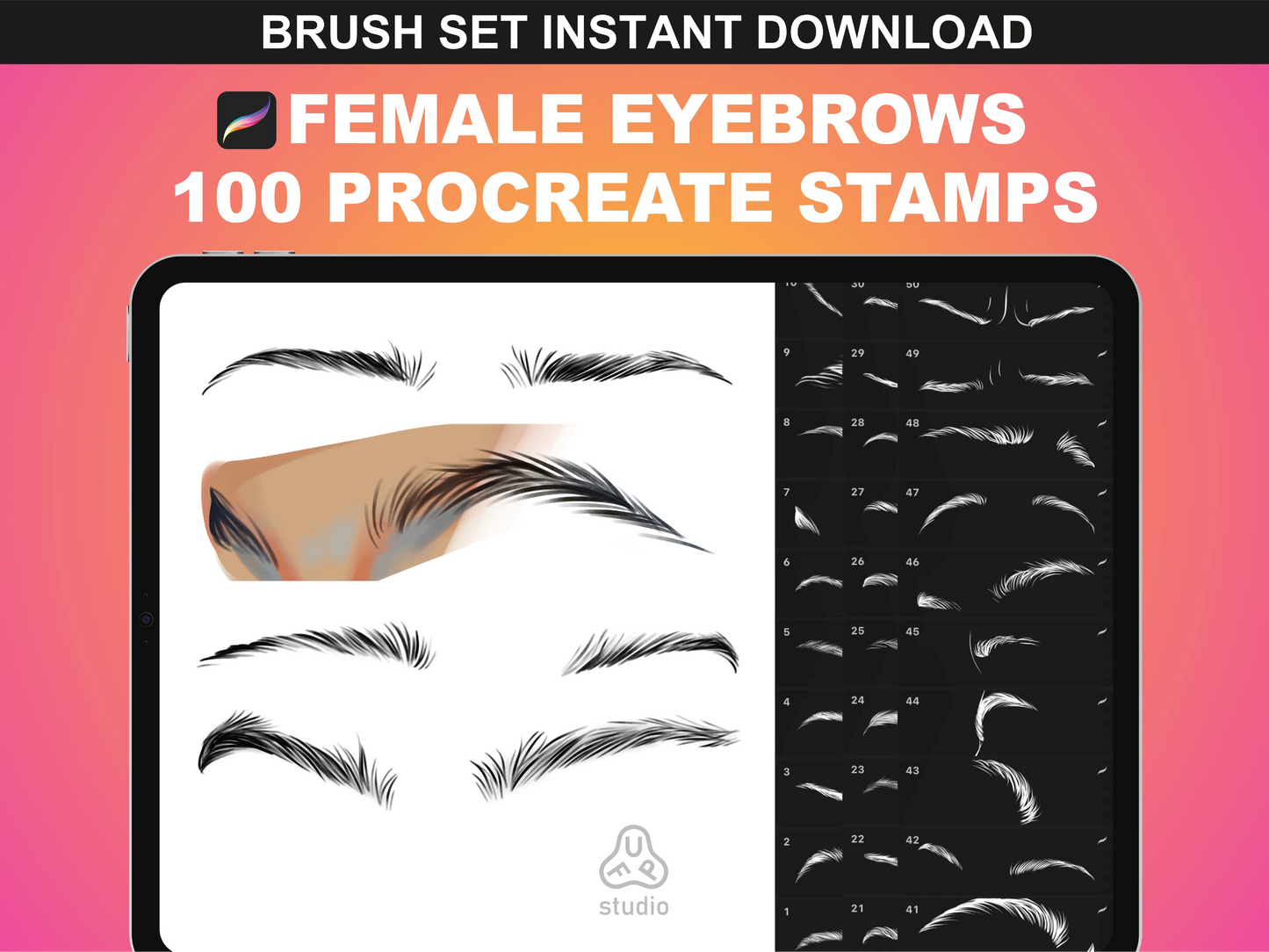FUPstudio 100 Female Eyebrows Procreate Stamps featuring a diverse collection of eyebrow shapes for digital artists.