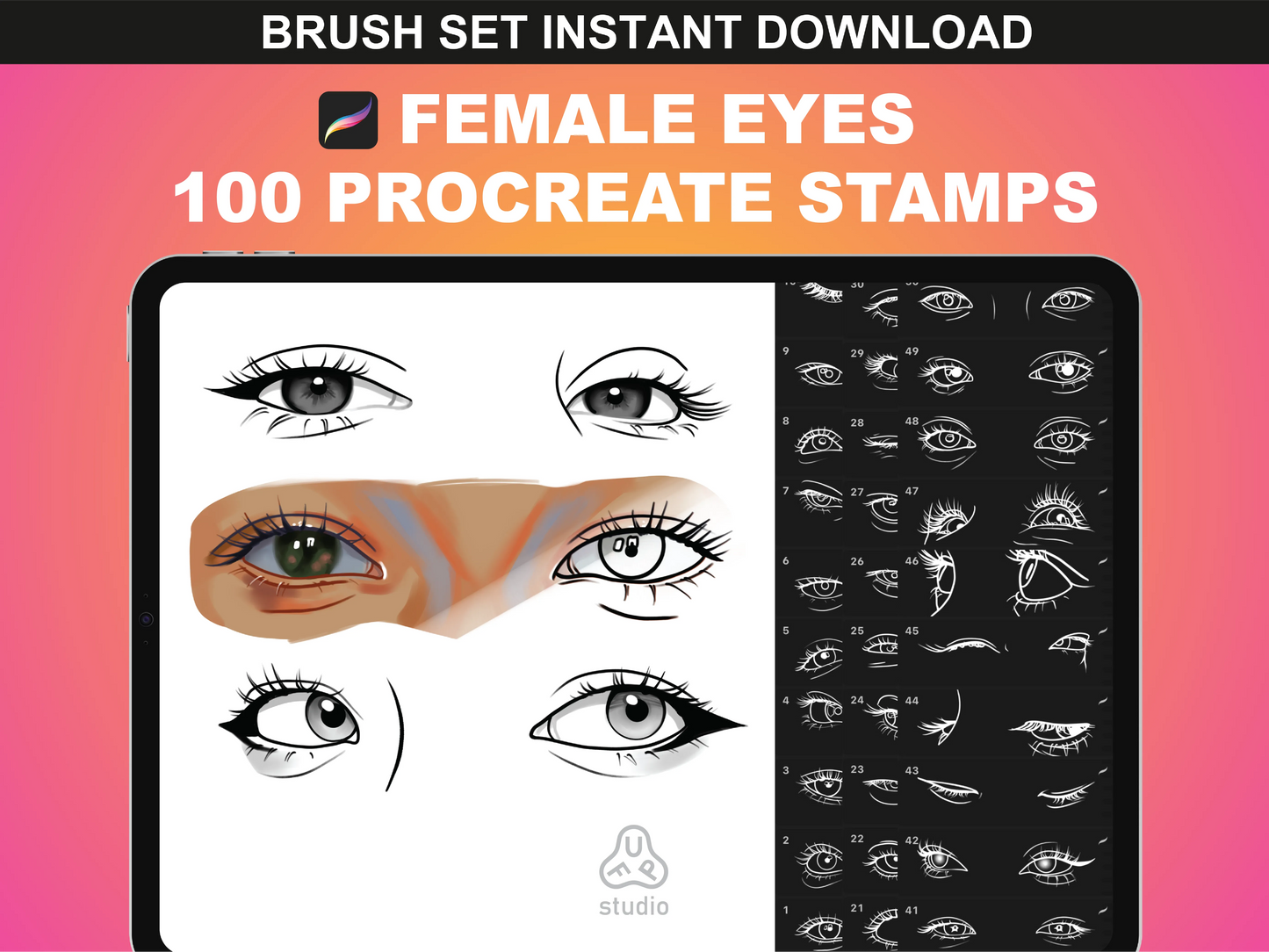 FUPstudio Procreate Female Eyes Brush Set & PNG pack with versatile sketching templates for digital art.