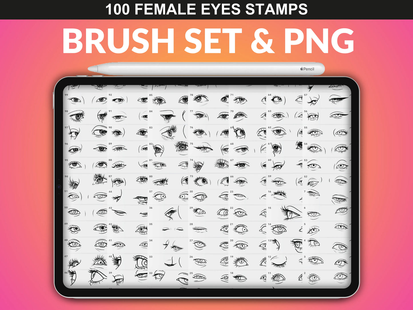 Complete overview of the 100 Procreate Female Eyes Stamps by FUPstudio, ideal for character design.