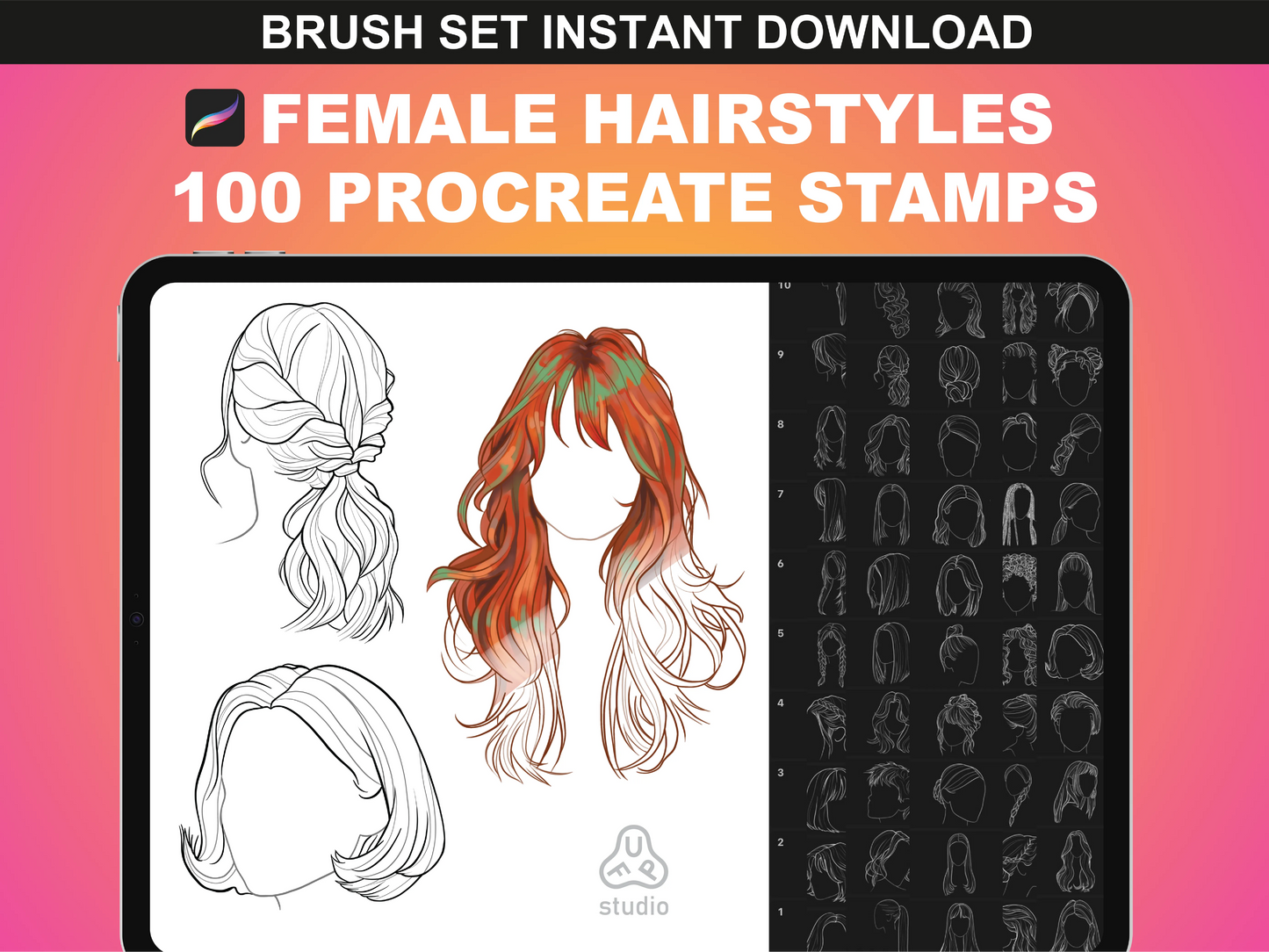 FUPstudio 100 Female Hairstyles Procreate Stamps featuring a diverse collection of hair stamps for digital artists.