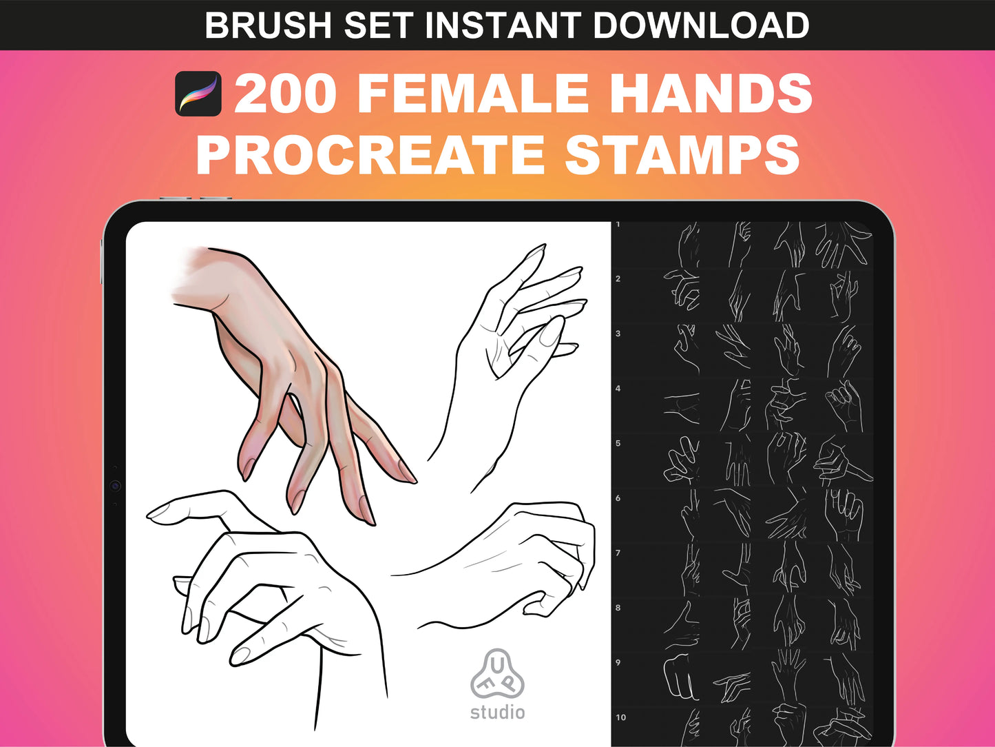 FUPstudio Female Hands Procreate Stamps - 200 hand-drawn female hand poses for digital artists.