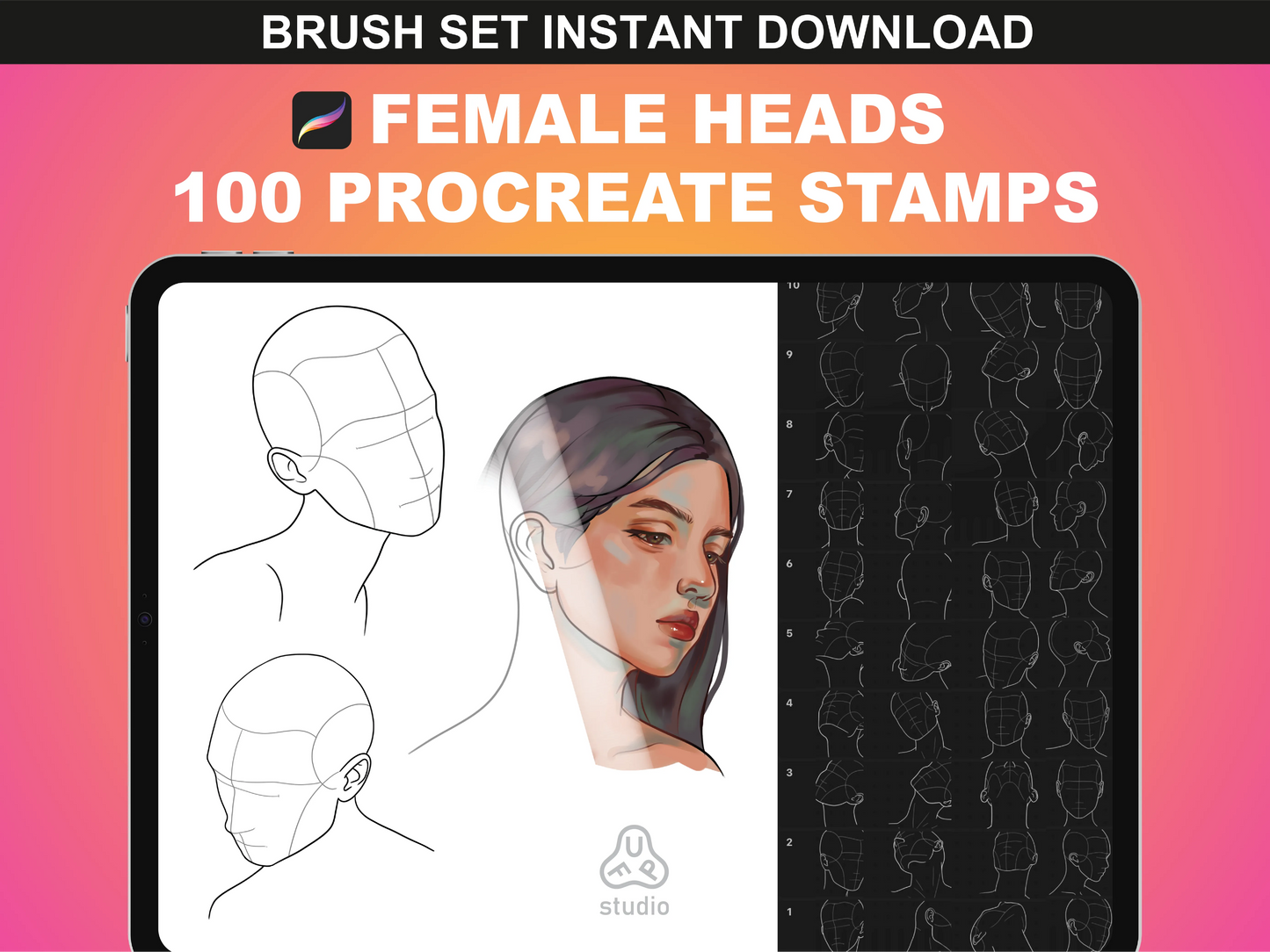 FUPstudio 100 Female Heads Procreate Stamps featuring diverse head angles and face guidelines for digital artists.