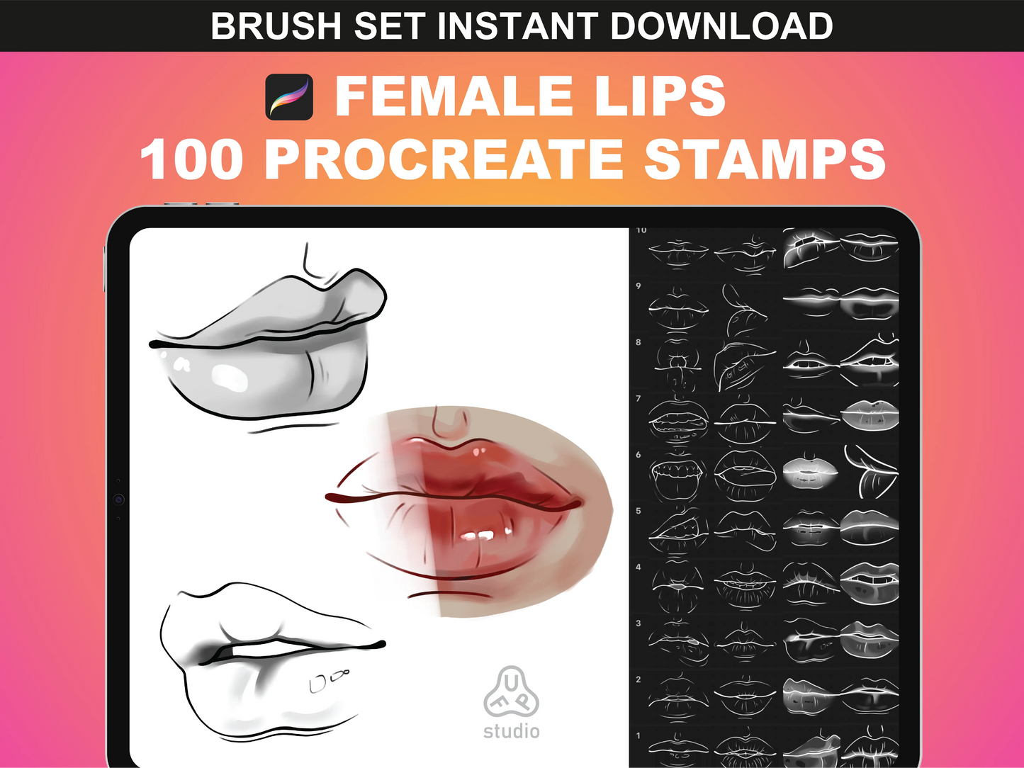 FUPstudio Female Lips Procreate Stamps – 100 hand-drawn lip designs for digital art. High-quality stamp brushes.