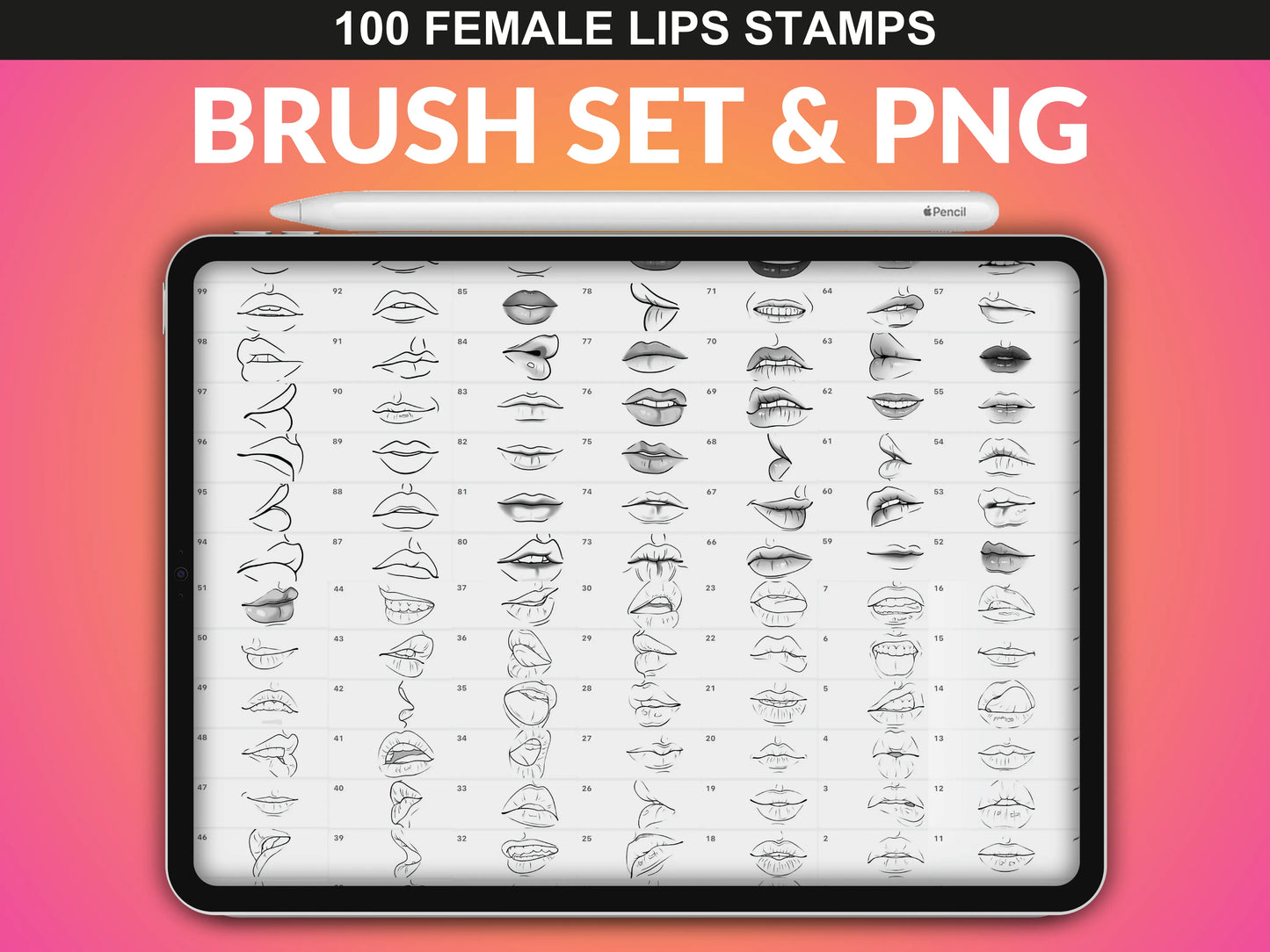 FUPstudio Procreate Lips Brush Set – 100 female lip poses in PNG and brush format for easy sketching and digital design.