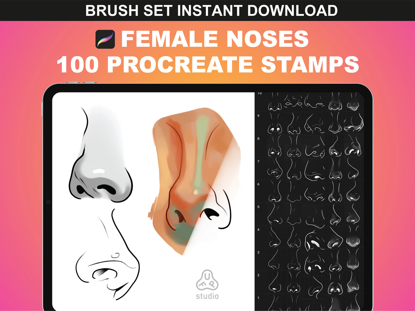 FUPstudio 100 Female Noses Procreate Stamps featuring a diverse range of hand-drawn nose shapes for digital artists and illus