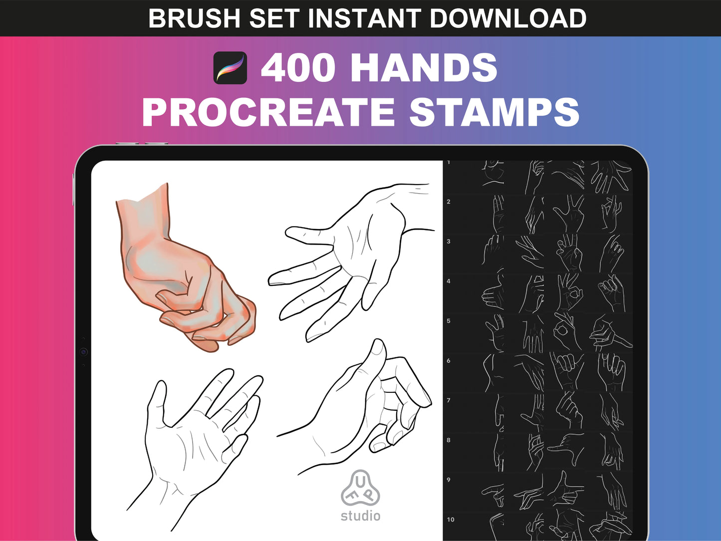 FUPstudio 400 Hand Poses Procreate Stamps featuring diverse male and female hand gestures for digital artists.