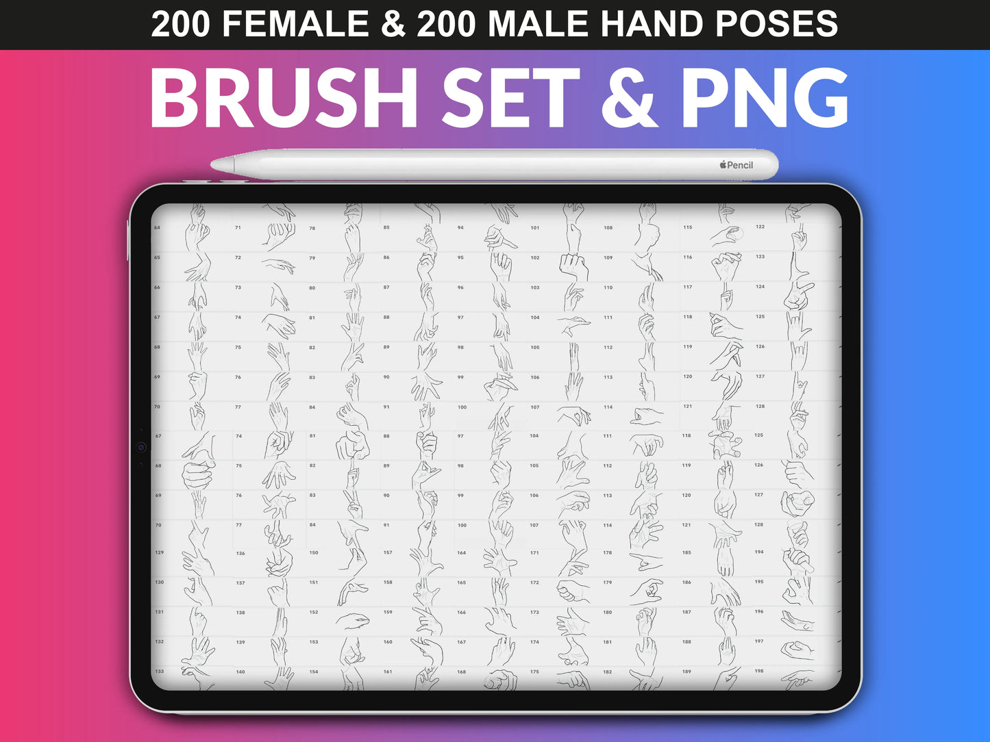 FUPstudio Hand Poses Procreate Stamp Brush Set & PNG collection displaying 400 unique hand gesture references.