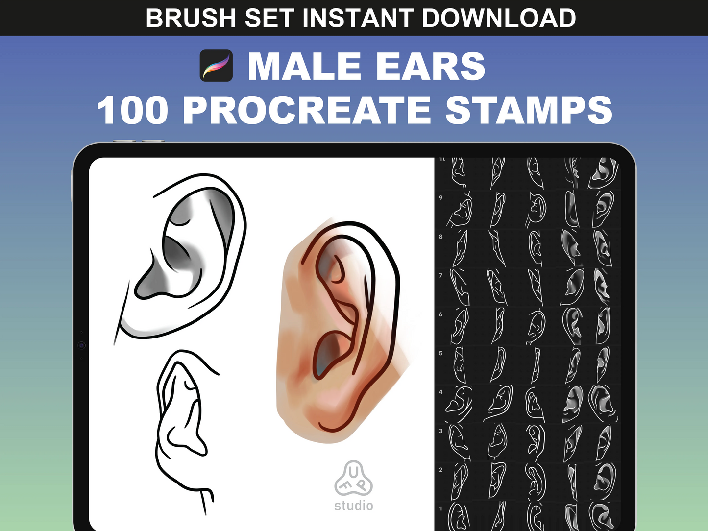 FUPstudio Male Ears Procreate Stamps - 100 hand-drawn ear designs for digital artists.