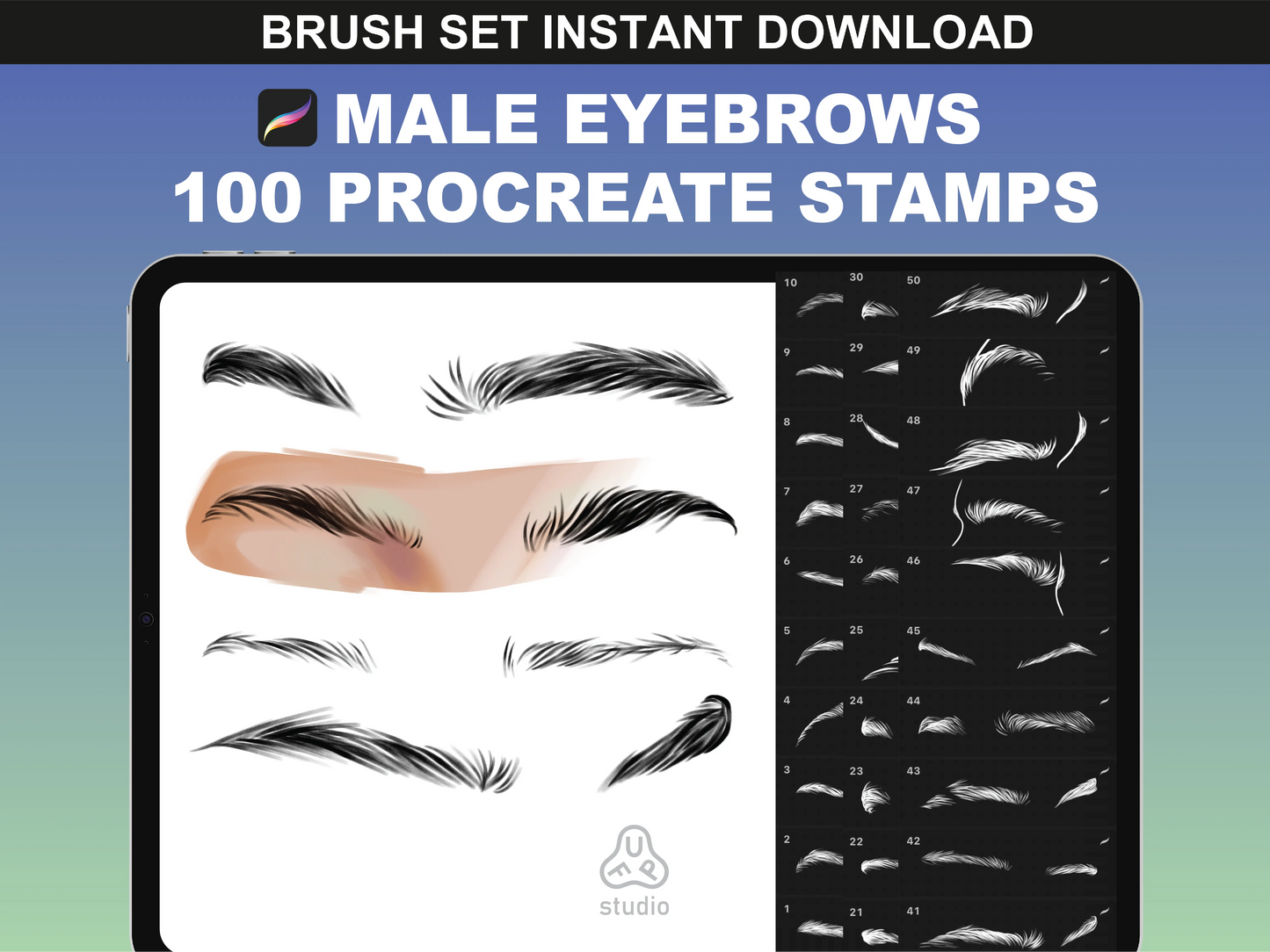 FUPstudio Male Eyebrows Procreate Stamps - digital brush set featuring 100 hand-drawn male eyebrow stamps.