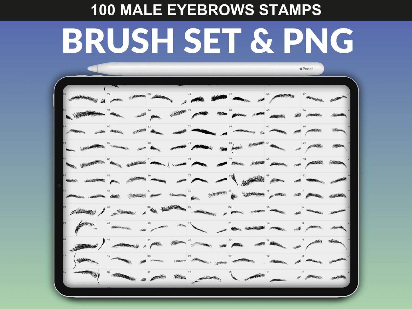 FUPstudio Male Eyebrows Procreate Brushes - preview of 100 detailed male eyebrow stamps in PNG and brush set format.