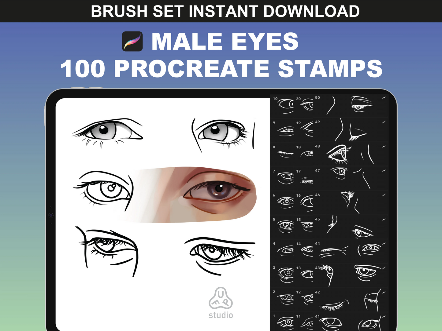 FUPstudio Male Eyes Procreate Stamps - 100 eye brush stamps displayed on iPad.