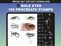 FUPstudio Male Eyes Procreate Stamps - 100 eye brush stamps displayed on iPad.