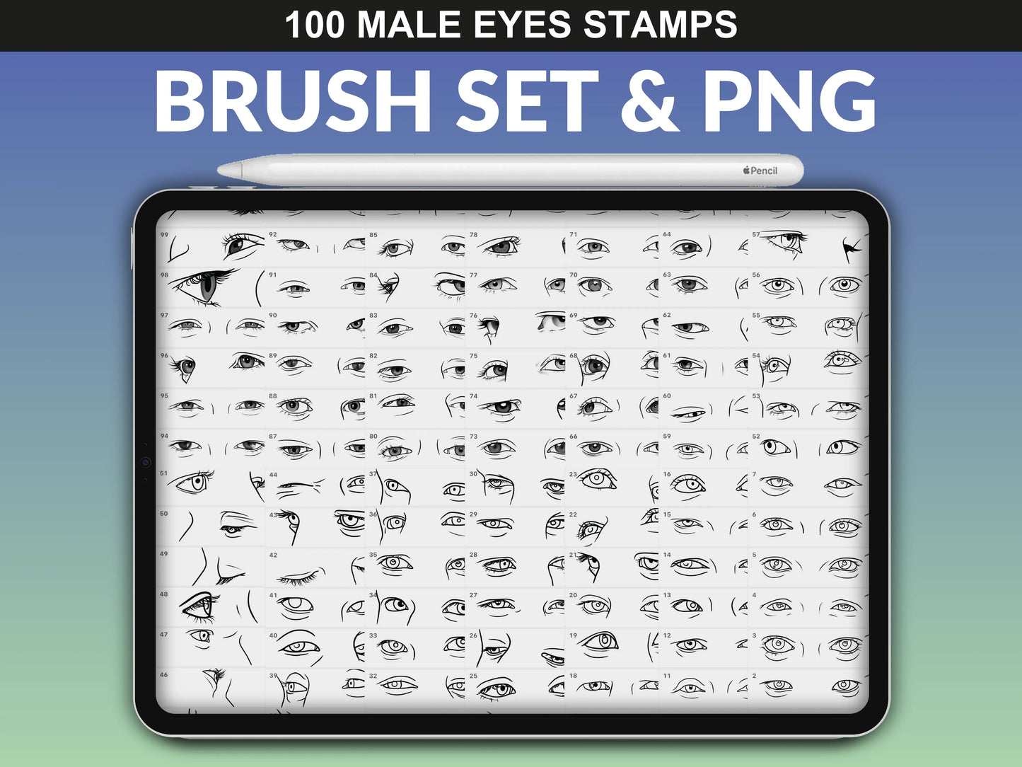 FUPstudio Male Eyes Procreate Brush Set & PNG - 100 digital eye stamp brushes preview.