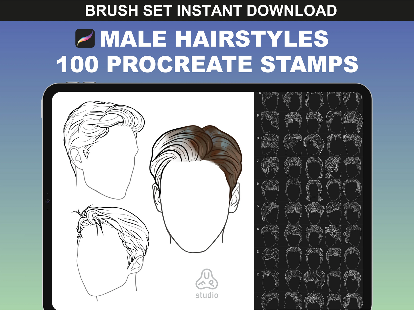 FUPstudio Male Hairstyles Procreate stamps bundle featuring 100 unique hairstyle stamps displayed on an iPad screen.