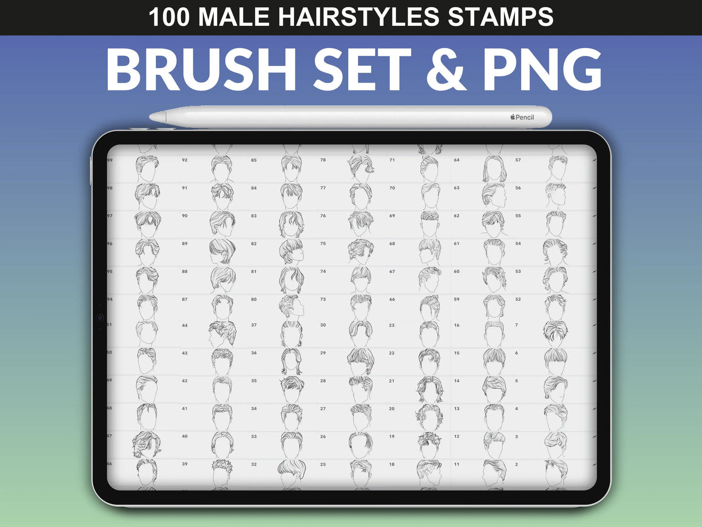 Collection of 100 Male Hairstyles in format of Procreate Brush Set & PNG by FUPstudio.