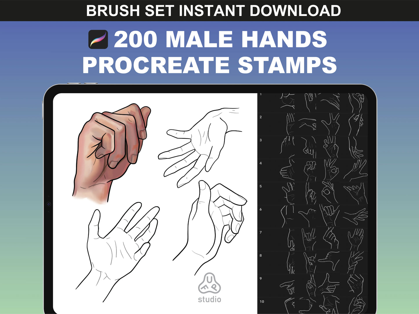FUPstudio Male Hands Procreate Stamps - 200 hand-drawn male hand poses for digital art and sketching.