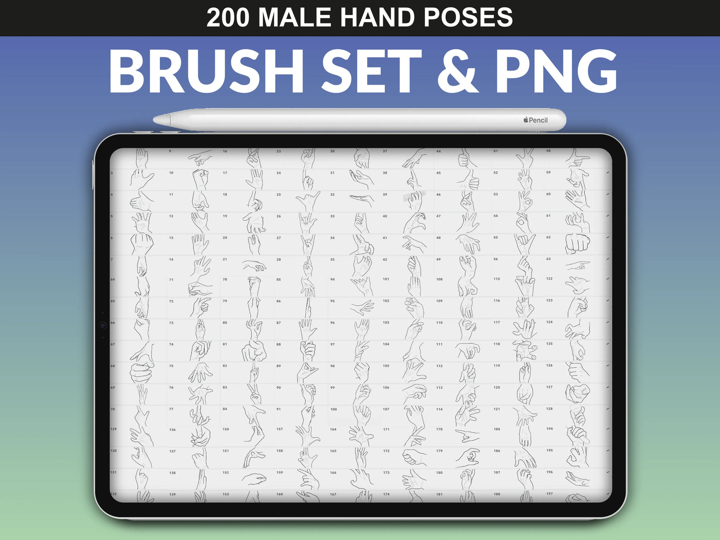 FUPstudio Procreate Brush Set - 200 male hand pose stamps and PNGs for artists and illustrators.
