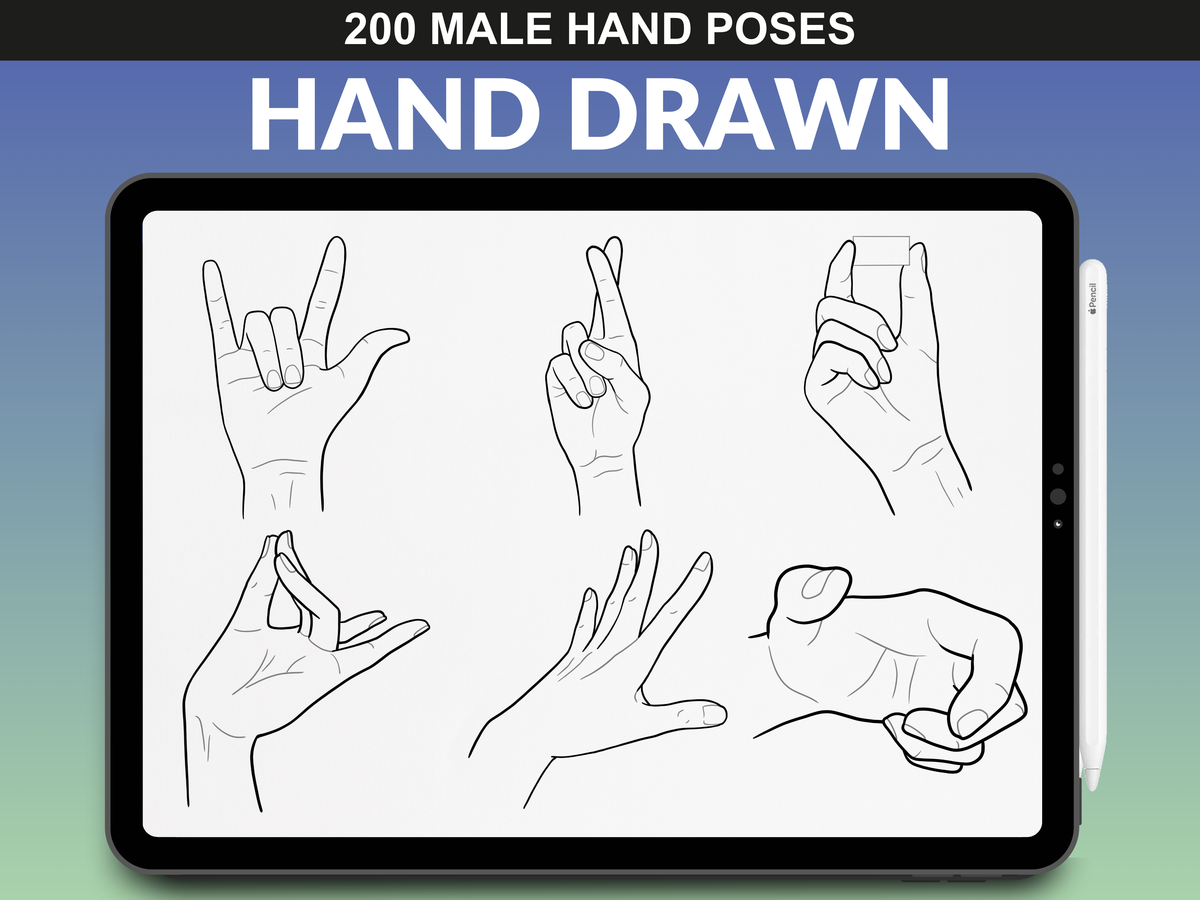 Procreate Hand References Procreate Brushes – 200 Male Hand Stamps for Fashion Illustration ...