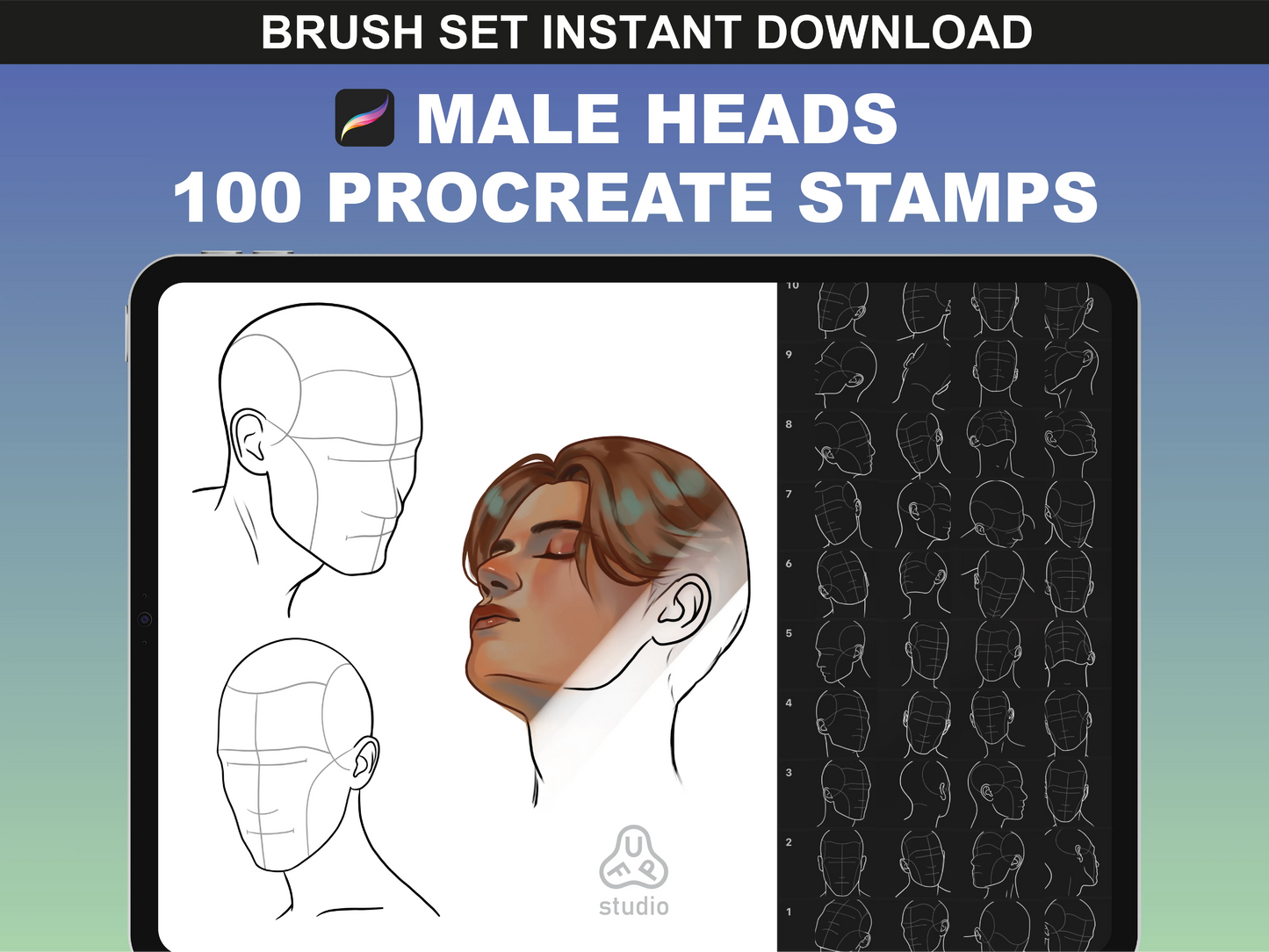 FUPstudio Male Heads Procreate Stamps preview showing 100 face shape templates with different angles and proportions.