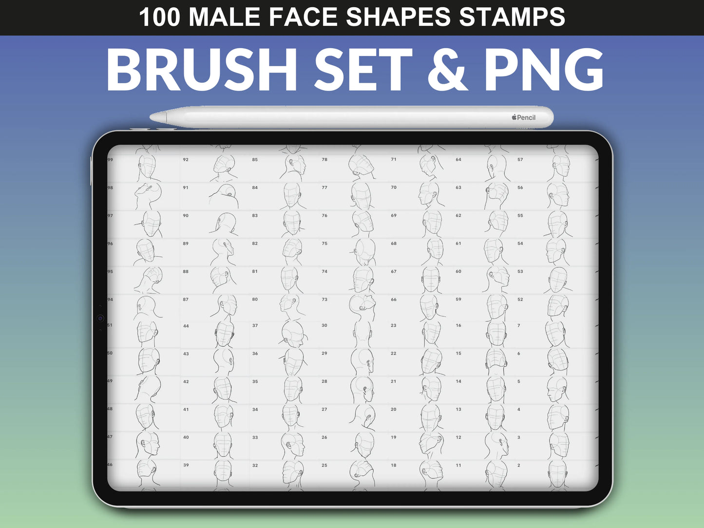FUPstudio Male Heads Procreate Brush Set and PNG collection with 100 unique male head outlines.