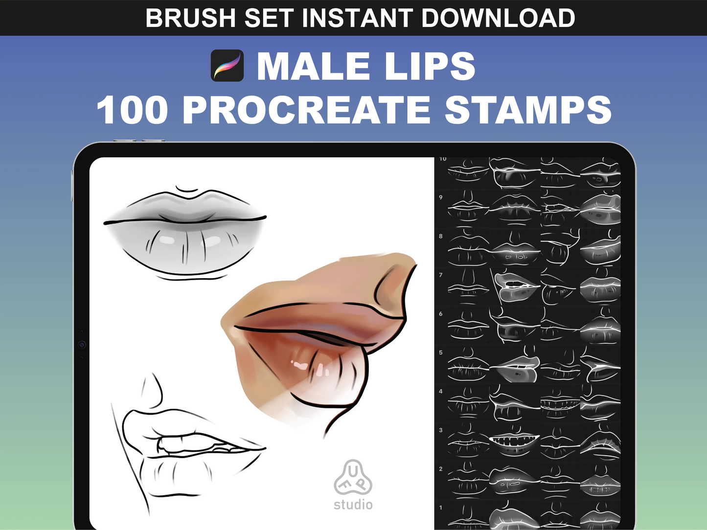 FUPstudio Male Lips Procreate stamps bundle showcasing 100 hand-drawn lips with a mix of sketch and realistic renderings.