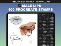 FUPstudio Male Lips Procreate stamps bundle showcasing 100 hand-drawn lips with a mix of sketch and realistic renderings.