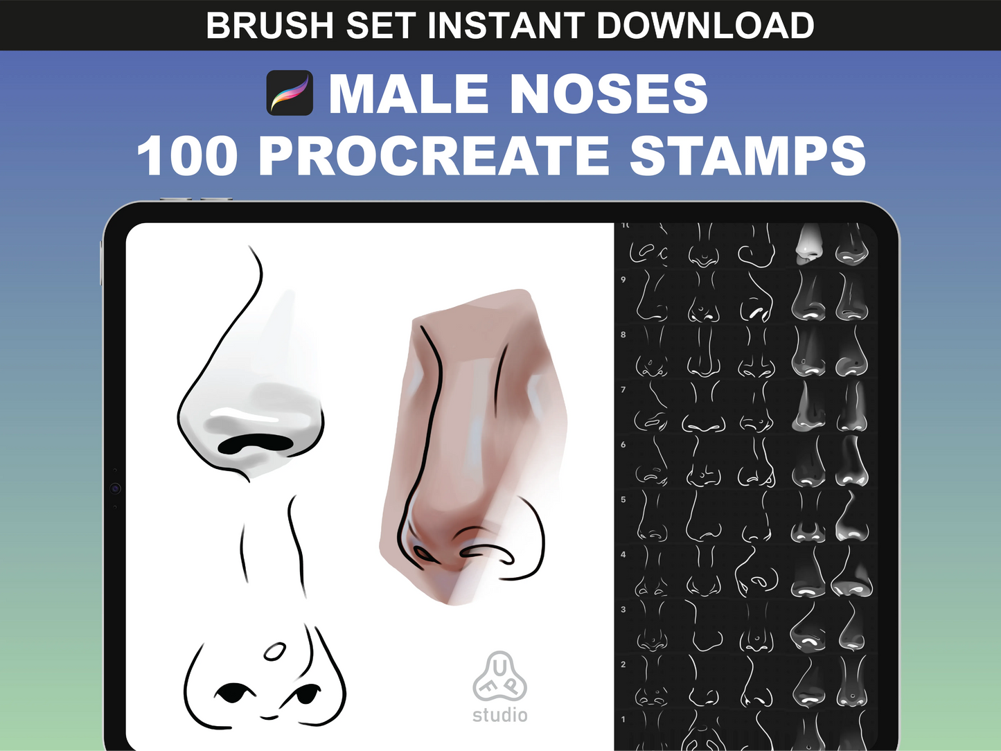 FUPstudio Male Noses Procreate Stamps - 100 digital nose brushes for character design and portrait illustrations.