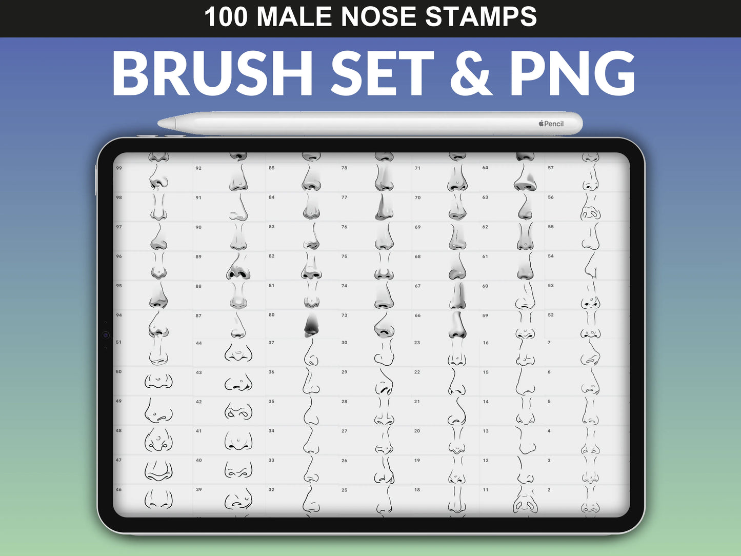 FUPstudio Male Noses Procreate Brush Set & PNG - A complete collection of 100 hand-drawn nose stamps for artists.